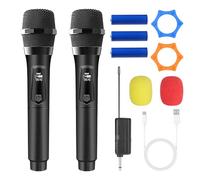 GOEDCH Lot de 2 microphones sans fil : microphones UHF rechargeables, autonomie de 4 heures, portée de 18 mètres, microphones dynamiques portables pour karaoké, mariage, DJ, fête