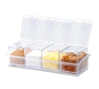 GOEDCH Lot de 4 Boîtes à Épices: 2 Ensembles 4 en 1 Assaisonnement Box, Pots à Épices Carrés avec Cuillères, Pots à Épices en Plastique Transparent, Boite a Epices Cuisine Rangement pour Sucre, Sel