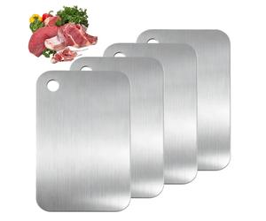 GOEDCH Lot de 4 planches à découper en acier inoxydable double face de qualité alimentaire - Planche à découper anti-moisissure en acier inoxydable pour viande, pain, légumes, fruits (25 x 15 cm)
