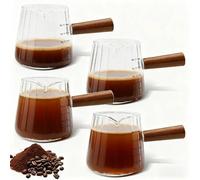 GOEDCH Lot de 4 tasses doseuses à expresso en verre de 180 ml avec poignée en bois : tasses à expresso transparentes avec poignée en bois, ouverture en forme de V, pichet à expresso avec graduation