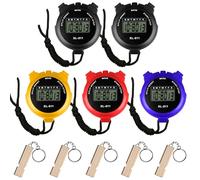 GOEDCH Lot de 5 chronomètres de sport numériques avec 5 sifflets, grand écran LCD, chronomètre numérique multi-fonctions, chronographe portable pour la natation, la course et l'entraînement sportif