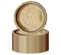 GOEDCH Lot de 50 assiettes de fête : assiettes en carton rustiques rondes Ø 22,4 cm, assiettes rondes, assiettes à dessert, accessoires de camping, assiettes en bois pour décorations de fête rustiques