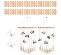GOEDCH Macramé suspendu photo : 2 pièces mur photo avec corde en coton à franges tissées et barre en bois, suspension photo avec 60 pinces en bois et 4 clous pour la décoration de la maison, la