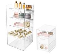 GOEDCH Organisateur de Maquillage: Lot de 2 Organisateur cosmétique, Organiseur de Maquillage Transparent avec Paroi Inclinée, Rangement Boîte à Tiroir à Trois pour Coiffeuse, Salle de Bain, Bureau