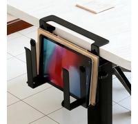 GOEDCH Organisateur d'ordinateur portable à suspendre : double couche sans perçage Rangement latéral de bureau pour ordinateur portable, support pour ordinateur portable, support d'ordinateur portable