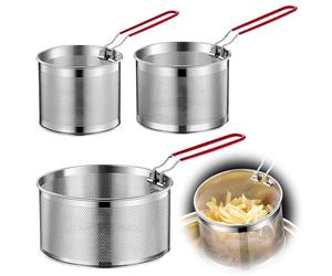 GOEDCH Panier à friture en acier inoxydable : 3 pièces panier à tamis alimentaire en acier inoxydable, 14 cm + 18 cm + 20 cm panier à frire, panier à pâtes avec poignée, passoire de cuisine à paroi