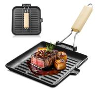 GOEDCH Poêle à Griller En Fonte: 24 x 24 cm Noire Poêle à Steak, Poêle à Griller Antiadhésive avec Poignée en Bois Pliable, Poêle à Griller avec Bec Verseur, Poêles Carrées en Fonte, Poêle à Frire