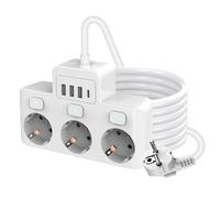 GOEDCH Prise Multiple avec Interrupteurs Individuels: Multiprise 3 Prises Montage Mur avec USB-C, Bloc Prise Économiseur d'Espace 1.5M Câble Plat, 3 Ports USB-C Rapides pour Maison