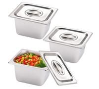 GOEDCH Récipients en acier inoxydable avec couvercle : 3 pièces 1/6 taille 17,5 x 16,5 x 10 cm Kit de panure pour côtelettes, récipients gastronomiques, récipients de conservation au chaud, chemins de