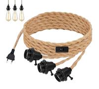 GOEDCH Suspension en Corde de Chanvre: Suspension à Douille E27 avec Prise, Suspension Vintage 3 Lumières avec Câble de 6.8m et Interrupteur, Suspension Industrielle en Corde de Chanvre