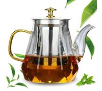 GOEDCH Théière avec infuseur : théière en verre borosilicate de 1000 ml, théière en verre avec tamis en acier inoxydable, théière en verre résistante à la chaleur avec bouchon anti-goutte pour thé en