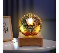 GOEDCH Veilleuse boule de cristal 3D: veilleuse boule de verre feu d'artifice 9 cm avec base en bois USB, boule de cristal feu d'artifice, cadeau d'anniversaire, décorations par USB boule de verre
