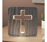 GOEDCH Veilleuse Croix de Jésus : 3D Sculpture sur Bois Lampe de Nuit LED, Lumière Chaude Petite Lampe de Table pour Chambre, 3D Jésus Croix Religieuse Mini Veilleuse, Cadeaux de Pâques, Décorations