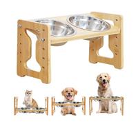 GOEDCH Wooden Gamelle antidérapante réglable en hauteur pour chien : 9 hauteurs réglables avec support, gamelles surélevées pour chien réglables avec 2 bols en acier inoxydable pour chiens et chats