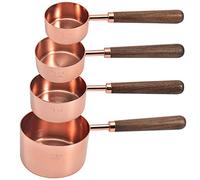 Goeielewe Lot de 4 Verres Doseurs Tasses à Mesurer en Acier Inoxydable Plaqué Cuivre avec Poignée en Bois de Noyer pour Ingrédients Secs et Liquides
