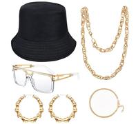 Goenb 80s 90s Accessoires Tenue hip hop Kit d'accessoires de rappeur Seau Chapeau Boucles d'oreilles Rappeur Lunettes de soleil Faux Chaîne Or Accessoires Hip Hop 80s 90s Bijoux Tenue pour femmes et