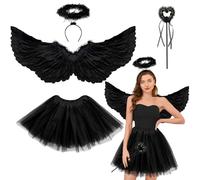Goenb Engelsflügel, 80 * 40cm Schwarz Engelsflügel und Halo Wand Engel Kostüm Zubehör mit Tüll Tutu Rock für Halloween Weihnachten Karneval Fasching Mottoparty