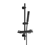 Görbach Colonne de douche avec étagère de douche/porte-savon, barre de douche en acier inoxydable de 70 cm avec douchette à main, douchette de douche avec tuyau et support, noir mat