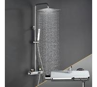 Görbach Colonne de Douche avec Mitigeur Thermostatique, Acier inoxydable Système de Douche avec Robinetterie, Pommeau de Douche, Douchette à Main, Barre de Douche Chromée (Carrée 2020CP)