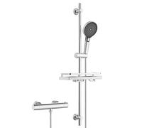 Görbach Colonne de Douche avec Mitigeur Thermostatique, Ensemble de Douche en Acier inoxydable avec Douchette et Tuyau, Barre de Douche 100 cm avec Étagère de Douche Chromé