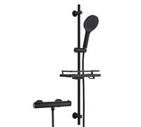 Görbach Colonne de Douche avec Mitigeur Thermostatique, Ensemble de Douche en Acier inoxydable avec Douchette et Tuyau, Barre de Douche 100 cm avec Étagère de Douche Noir
