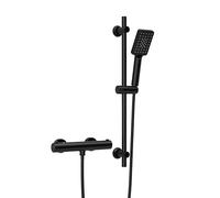 Görbach Mitigeur Thermostatique avec Barre de Douche 70 cm, Ensemble Colonne en Acier Inoxydable, Douchette et Tuyau pour Salle de Bain - Noir Mat