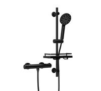 Görbach Colonne de Douche avec Thermostatique Robinetterie et Étagère de Douche, Mitigeur de Douche + Ensemble de Barre de Douche en Acier inoxydable de 70 cm avec Douchette et Tuyau, DSD12 Noir mat