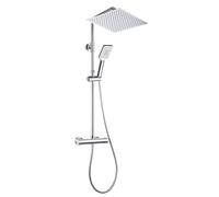 Görbach Colonne de douche avec robinetterie, acier inoxydable système de douche avec barre de douche réglable hauteur, pommeau pluie 30x30 cm et mitigeur thermostatique, Chromée