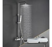 Görbach Colonne de Douche avec Mitigeur Thermostatique, Acier inoxydable Système de Douche avec Robinetterie, Pommeau de Douche, Douchette à Main, Barre de Douche Chromée (Carrée 3030CP)