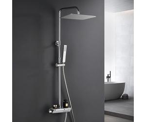 Görbach Colonne de douche avec robinetterie, acier inoxydable système de douche avec barre de douche réglable hauteur, pommeau pluie 35x25 cm et mitigeur thermostatique, Chromée