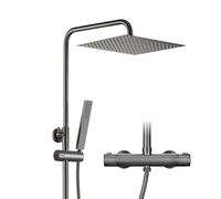 Görbach Colonne de douche avec thermostat, robinet de douche, kit complet de douche à effet pluie, barre de douche en acier inoxydable, pommeau de douche 25 x 25 cm, Gris canon brossé