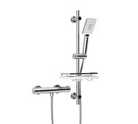 Görbach Colonne de Douche avec Thermostatique Robinetterie et Étagère de Douche, Mitigeur de Douche + Ensemble de Barre de Douche en Acier inoxydable de 70 cm avec Douchette et Tuyau, Chromée