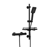 Görbach Colonne de Douche avec Thermostatique Robinetterie et Étagère de Douche, Mitigeur de Douche + Ensemble de Barre de Douche en Acier inoxydable de 70 cm avec Douchette et Tuyau, Noir mat