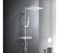 Görbach Colonne de Douche Design avec Fixations Réglables Colonne de Douche Hydromassante avec Étagère sans Percage Blanc Ranger Shampooing Savon Pommeau Douche Pluie 25 * 25cm.