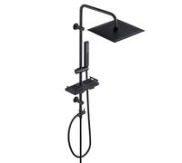 Görbach Colonne de Douche Design avec Fixations Réglables Noir Colonne de Douche Hydromassante avec Étagère Douche sans Shampooing Savon Pommeau Douche Pluie Picots Anti-calcaire 25x25CM