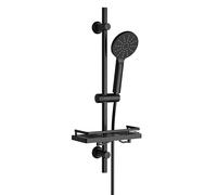 Görbach Ensemble Colonne de Douche en Acier inoxydable avec Étagère de Douche, Barre de Douche 70 cm avec Support de Pommeau de Douche, Douchette avec Tuyau pour Salle de Bain, Ronde, Noir Mat