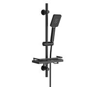 Görbach Colonne de Douche en Acier inoxydable avec Douchette à Main 3 Jets, Ensemble Barre de douche et Support de Pommeau de Douche et Tuyau pour Salle de Bain, Étagère Douche, 70cm Noir