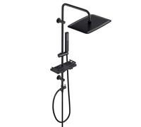 Görbach Colonne de Douche Pluie Système de Douche sans Robinet en acier inoxydable Ensemble de Douche Murales Réglables avec Pommeau de douche Effet Pluie, Étagère et Douchette Noir (35x25CM)