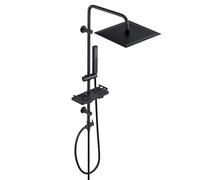 Görbach Colonne de Douche Pluie sans Robinet en acier inoxydable Ensemble de Douche Murales Réglables Système Pluie avec Pommeau de douche Effet Pluie, Étagère et Douchette (YT-3030MB+Étagère, Noir)