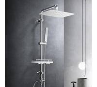 Görbach Colonne de douche sans robinetterie, acier inoxydable système de douche avec barre de douche réglable hauteur, pommeau pluie 35x25 cm et étagère, Chromée
