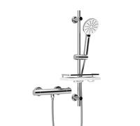 Görbach Colonne de Douche Thermostatique avec Robinetterie et Étagère de Douche, Mitigeur de Douche + Ensemble de Barre de Douche en Acier inoxydable de 70 cm avec Douchette et Tuyau, Chromée