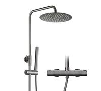 Görbach Système de douche avec thermostat, Colonne de Douche avec robinet, kit complet de douche à effet pluie, barre de douche en acier inoxydable, douche de tête ronde D25 cm, Gris gunmetal brossé