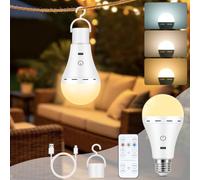 Görvitor Ampoule E27 rechargeable sans perçage avec télécommande et tactile, batterie 2600 mAh, 3 températures de couleur et intensité variable, ampoule rechargeable avec crochet, minuterie, pour