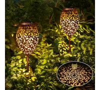 Görvitor Lot de 2 lampes solaires à LED pour extérieur et jardin - En métal - Avec étanchéité IP65 - Blanc chaud - Avec piquet de terre - Pour terrasse, jardinière, balcon