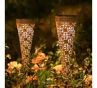 Görvitor Lot de 2 lampes solaires en métal pour décoration de jardin en extérieur, lampes de jardin LED solaires blanc chaud IP65 étanche pour balcon, jardinières, pelouse, chemin de Noël