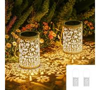 Görvitor Lot de 2 lanternes solaires d'extérieur - Oiseau et fleurs - Étanche IP65 - En métal - À suspendre ou à poser - Pour balcon, terrasse, jardin - Cadeau pour femme et maman - Blanc