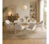 Goeurvant Ensemble Table Salle à Manger et 6 Chaises, Moderne Rectangulaire Table 160x80cm, Chaises Beige en Tissu Effet Lin, Ensemble Set de Repas 7 Pièces pour Salon, Cuisine