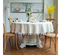 GOEXCPL Nappe Ronde en Coton et Lin avec Franges, Beige Diamètre 260 cm, Convient aux Tables Rondes de 190-210 cm de diamètre