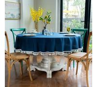 GOEXCPL Nappe Ronde en Coton et Lin avec Franges, Bleu Marine Diamètre 240 cm, Convient aux Tables Rondes de 170-190 cm de diamètre