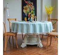 GOEXCPL Nappe Ronde en Coton et Lin avec Franges, Bleu-Vert Diamètre 200 cm, Convient aux Tables Rondes de 130-150 cm de diamètre